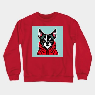 Boston Terrier in a Red Hoodie Crewneck Sweatshirt